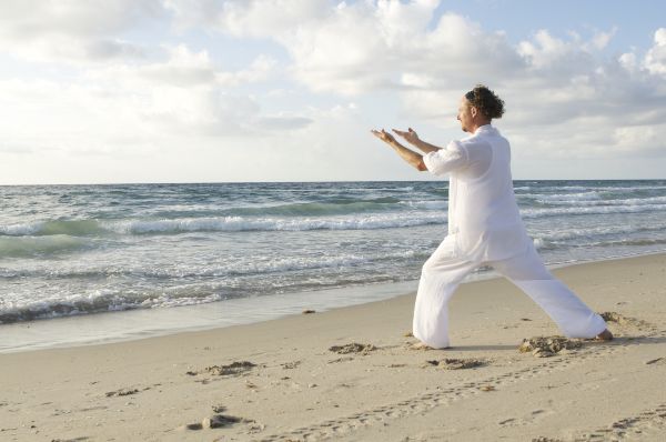 man posing on sea martial arts