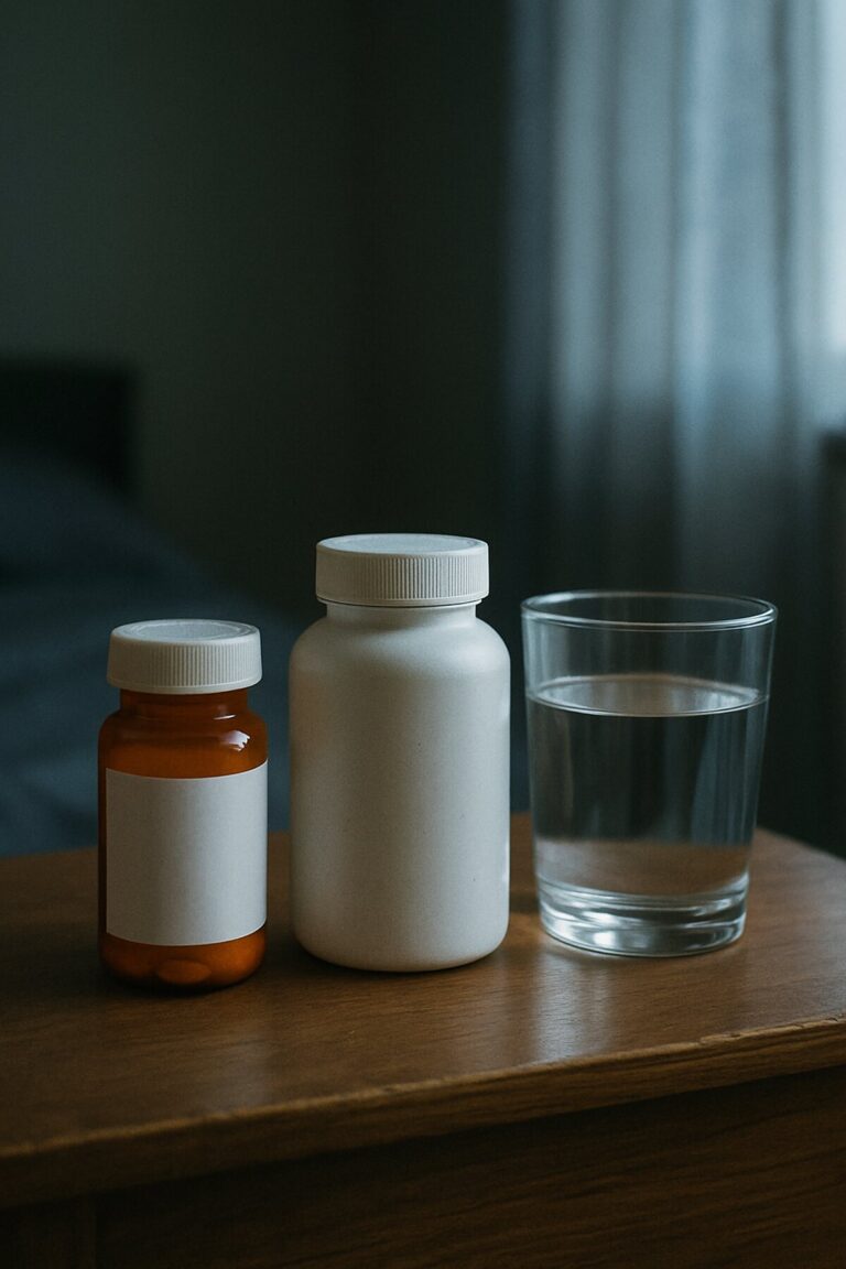 A blank amber prescription vial next to a plain supplement bottle and a glass of water at dawn
