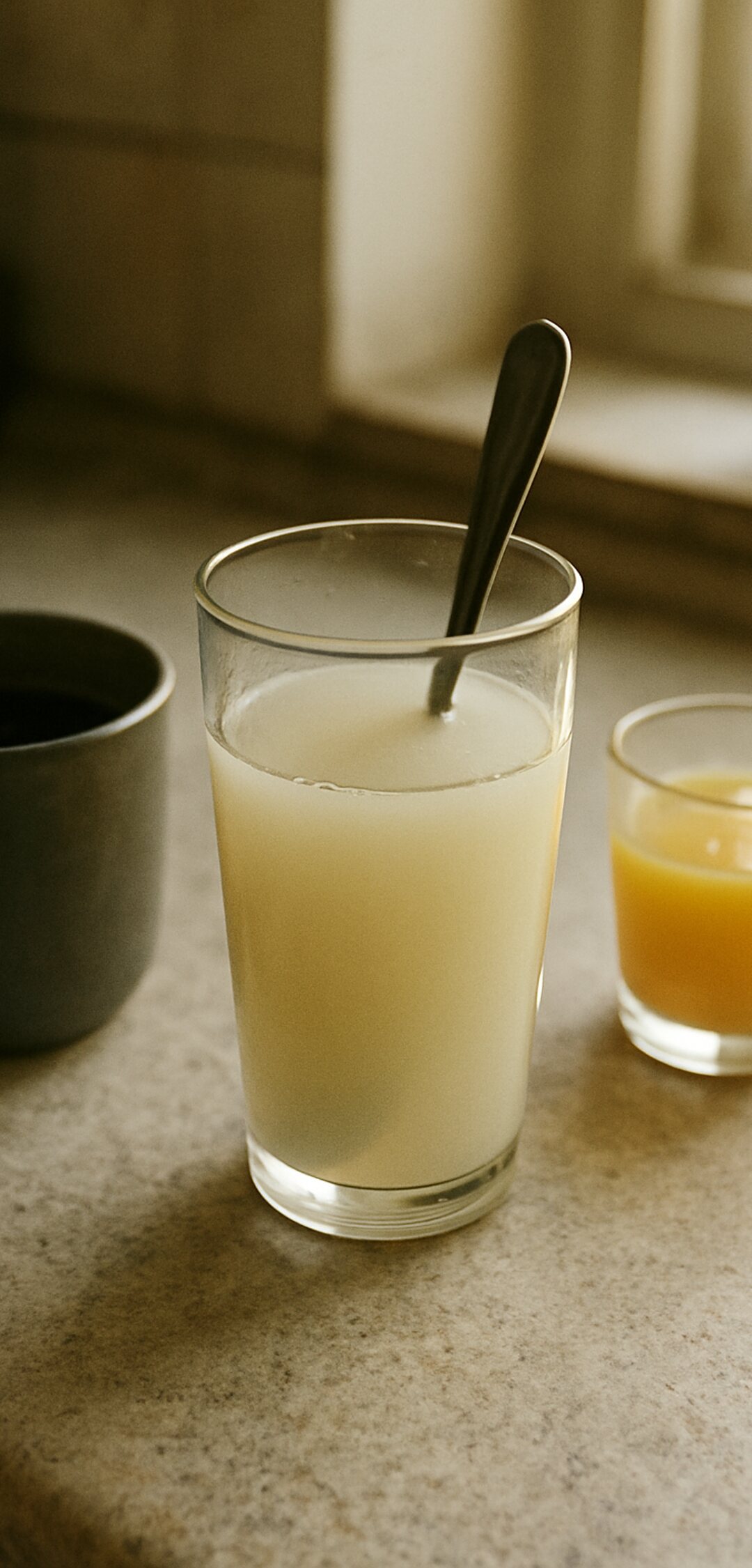 A cloudy supplement drink being stirred next to black coffee and a small glass of orange juice