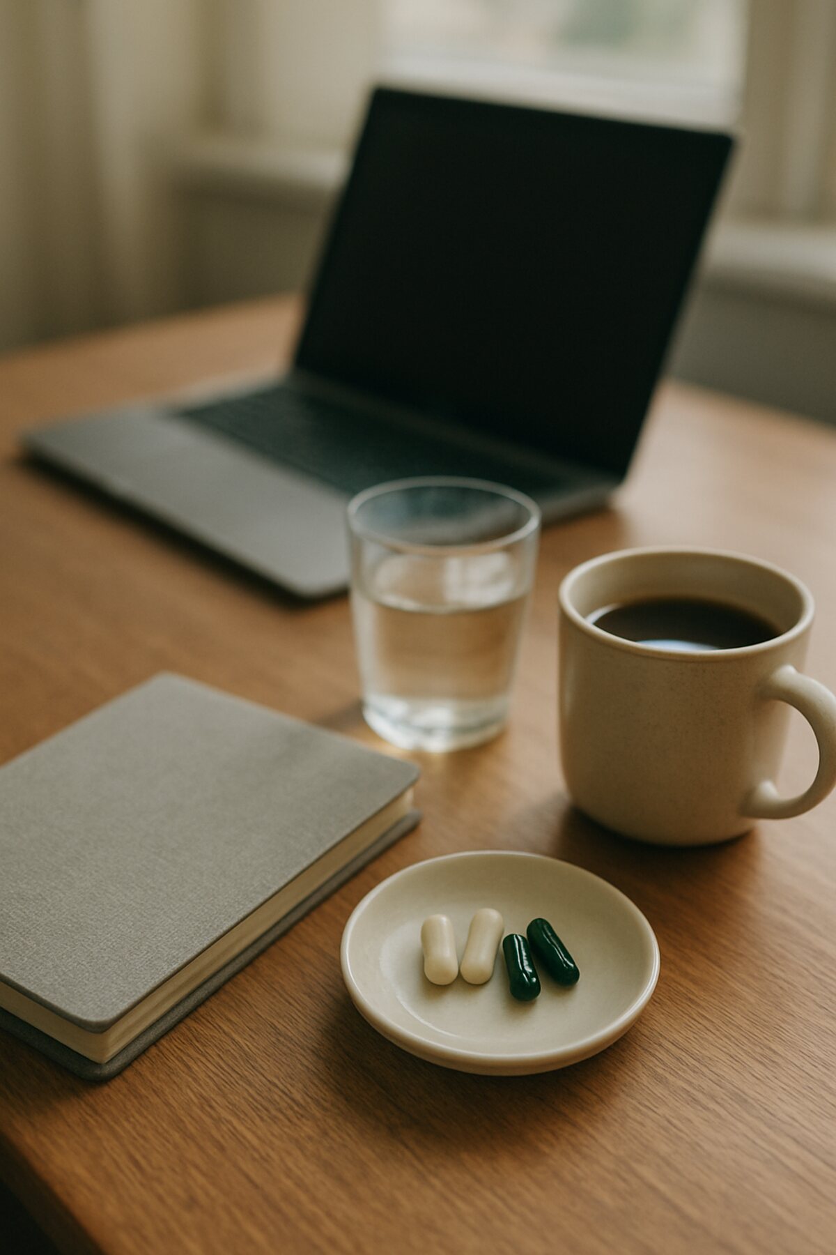 A desk with two pale capsules and two dark capsules in a dish beside a laptop and coffee