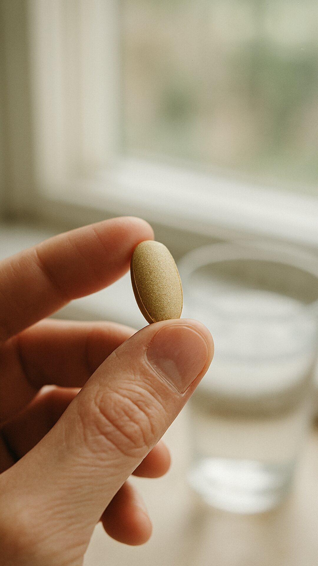A hand holding a single oval supplement tablet up to the light by a kitchen window