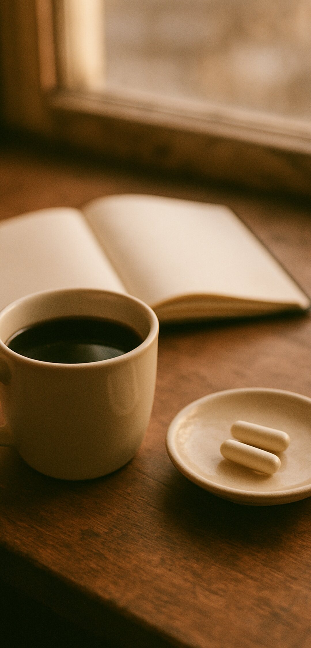 A mug of black coffee next to two pale capsules on a desk at sunrise