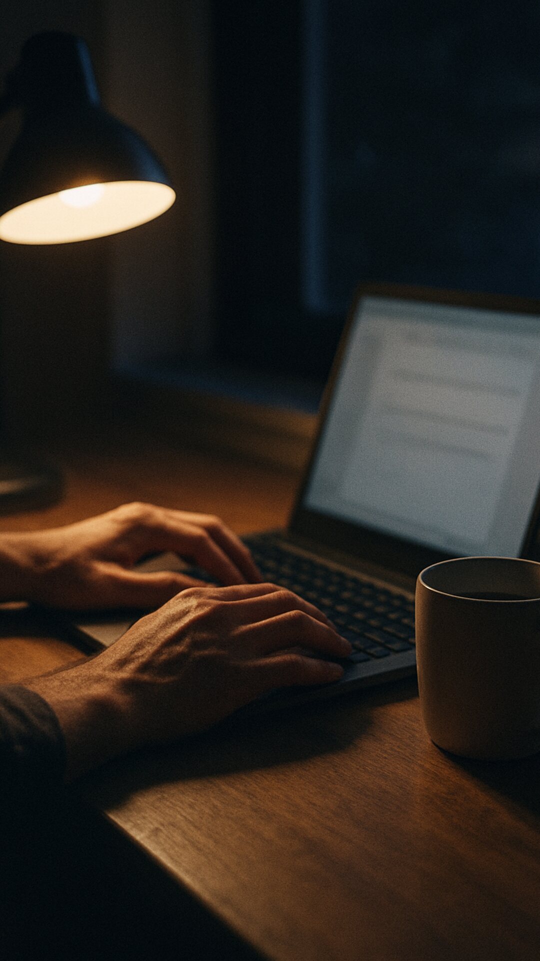 A night-shift worker's hands on a laptop under a desk lamp late at night with a mug of coffee