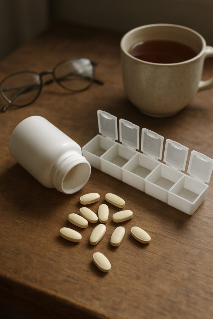 A plain supplement bottle on its side with tablets spilled beside a pill organizer and reading glasses