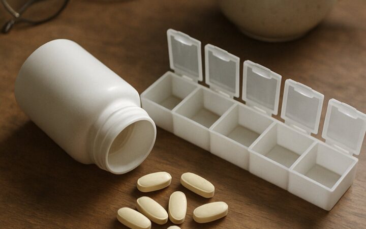 A plain supplement bottle on its side with tablets spilled beside a pill organizer and reading glasses