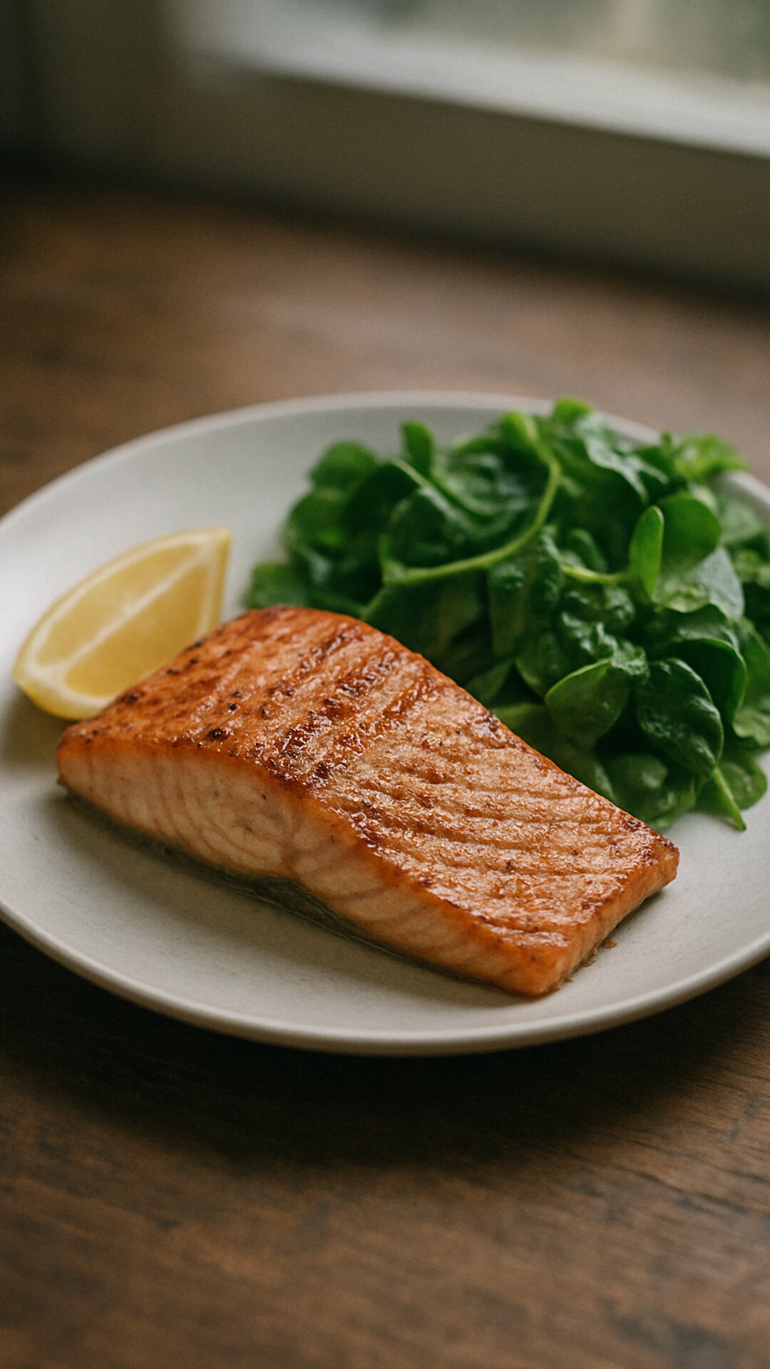 A plate of grilled salmon with a lemon wedge and green salad