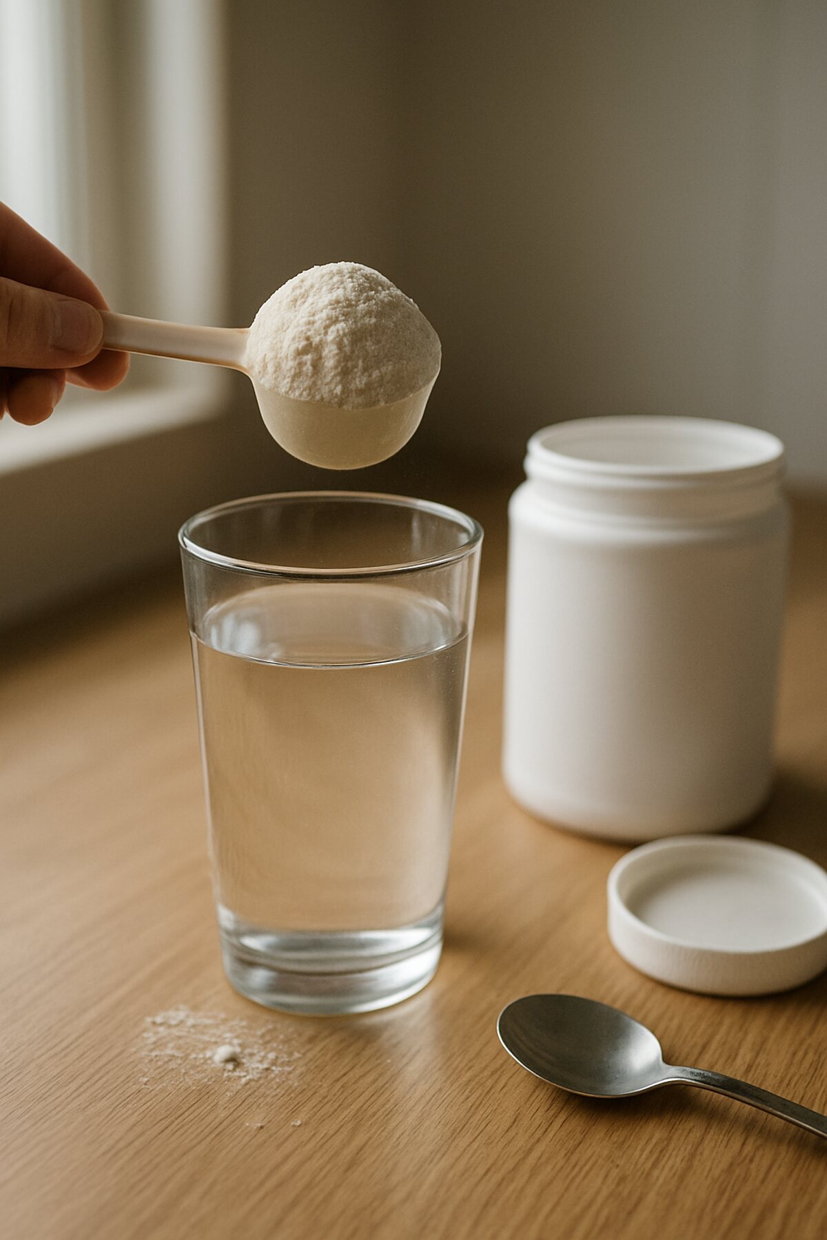 A scoop of unflavored nootropic powder held over a glass of water beside a plain tub