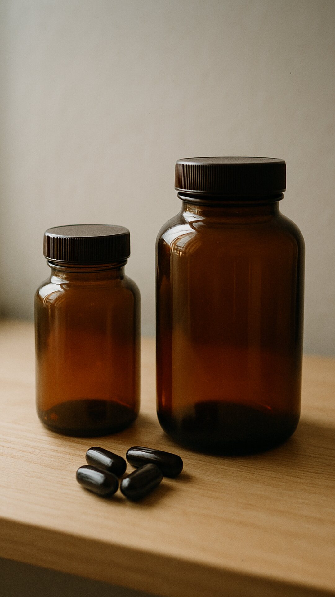 A small and a large plain amber supplement bottle side by side with liquid capsules