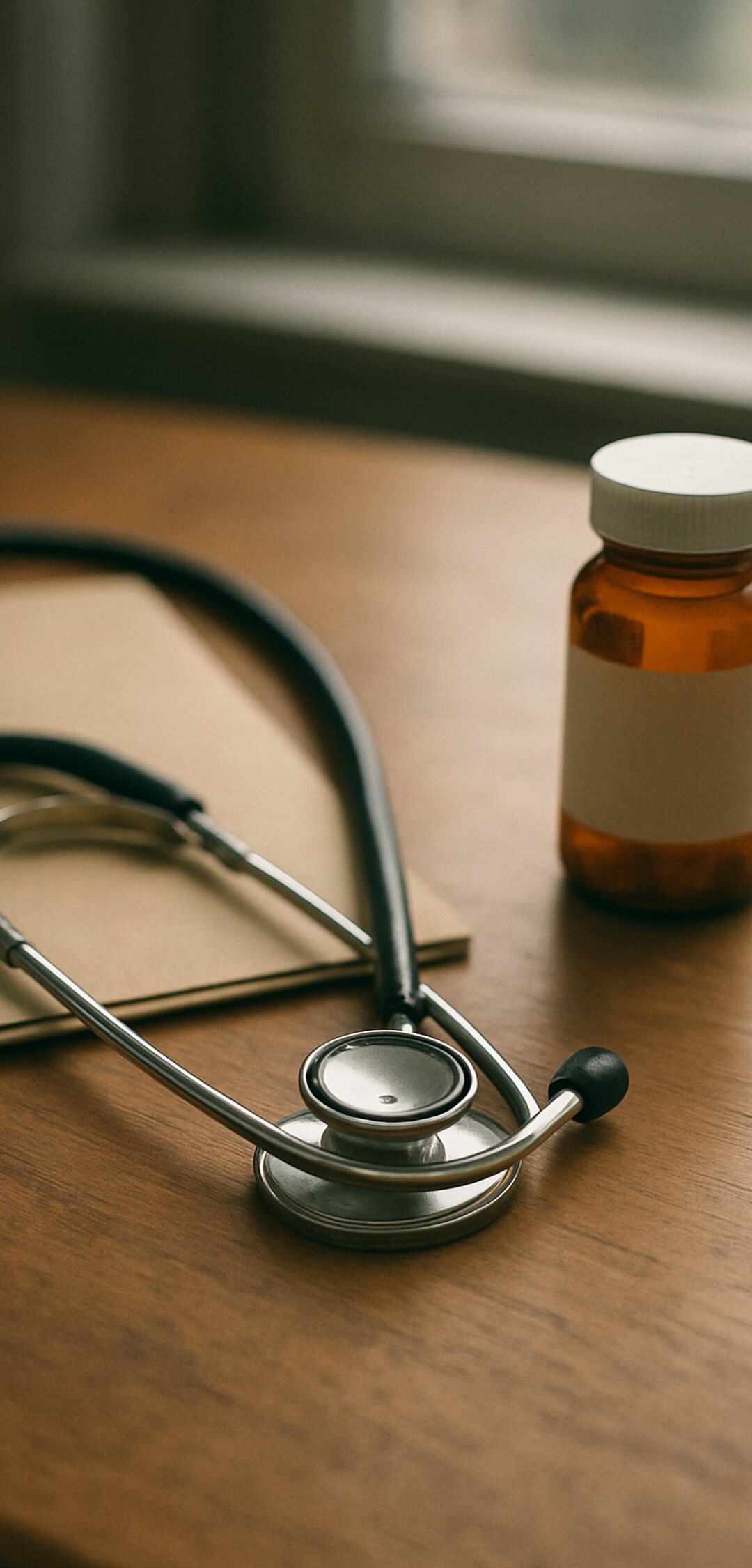 A stethoscope on a desk beside a blank prescription vial and a closed folder