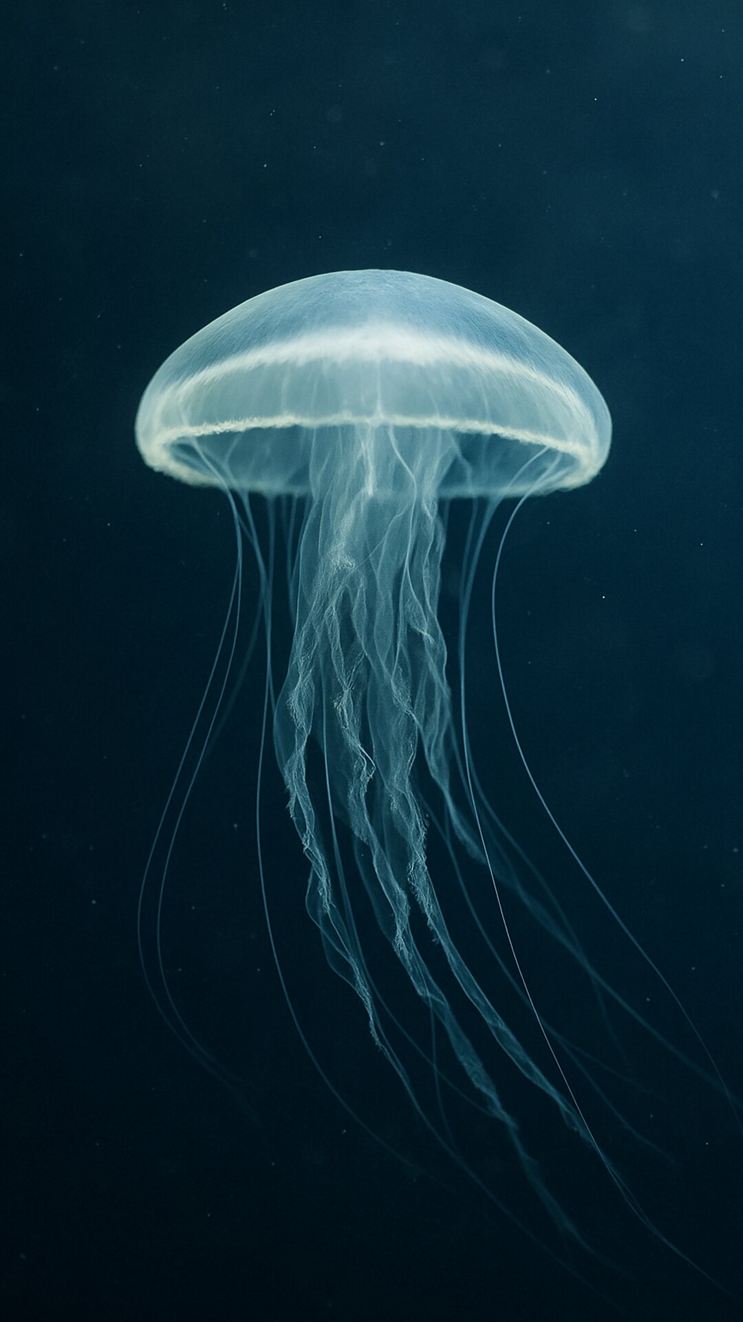 A translucent jellyfish with a faint green glow drifting in dark blue water