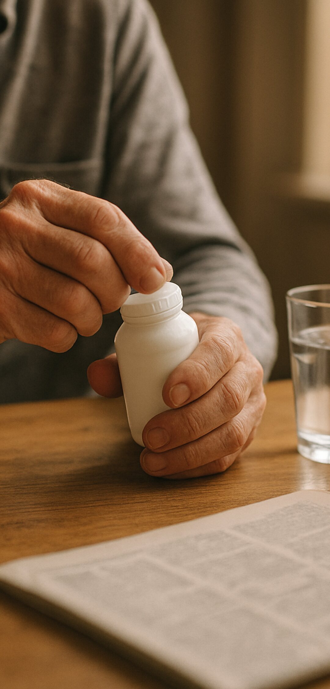 An older man's hands opening a plain supplement bottle at a kitchen table