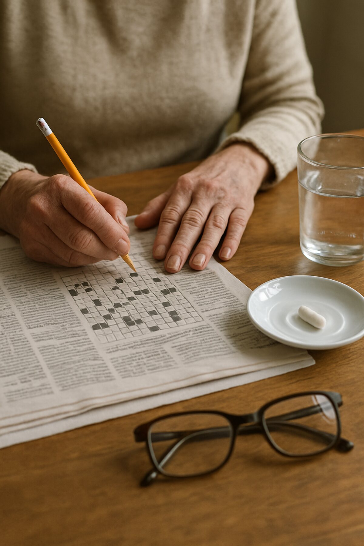 An older woman's hands doing a crossword next to a glass of water and a single capsule