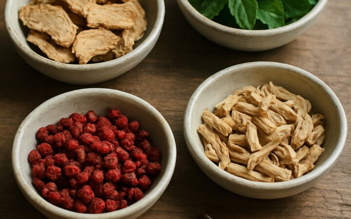 Bowls of rhodiola root, holy basil, schisandra berries and ashwagandha root with liquid herbal capsules