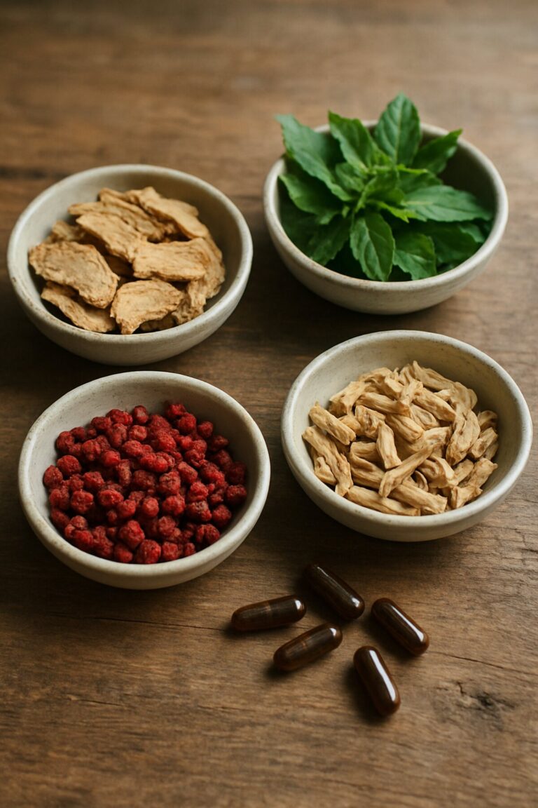 Bowls of rhodiola root, holy basil, schisandra berries and ashwagandha root with liquid herbal capsules