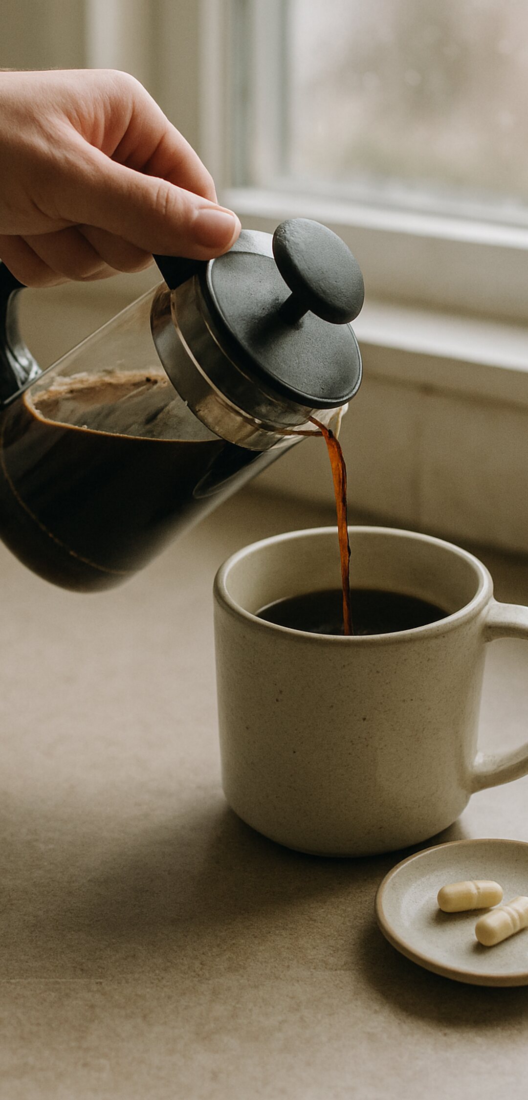 Coffee poured from a French press into a mug beside two pale capsules
