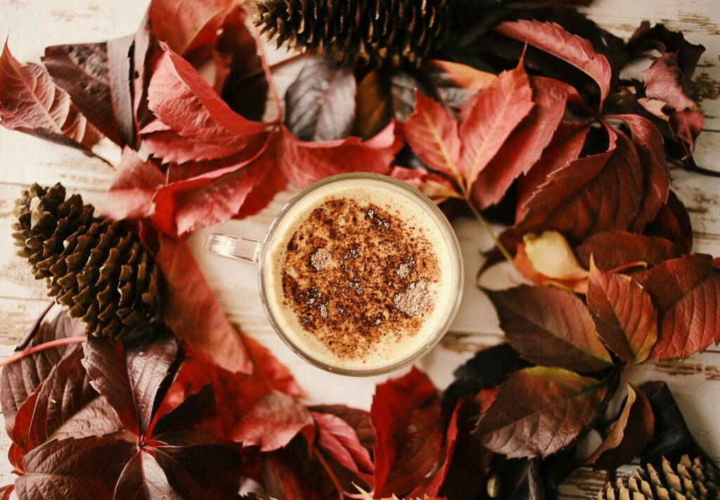 Overhead view of a glass mug of milky coffee dusted with cinnamon, circled by red autumn leaves and pine cones