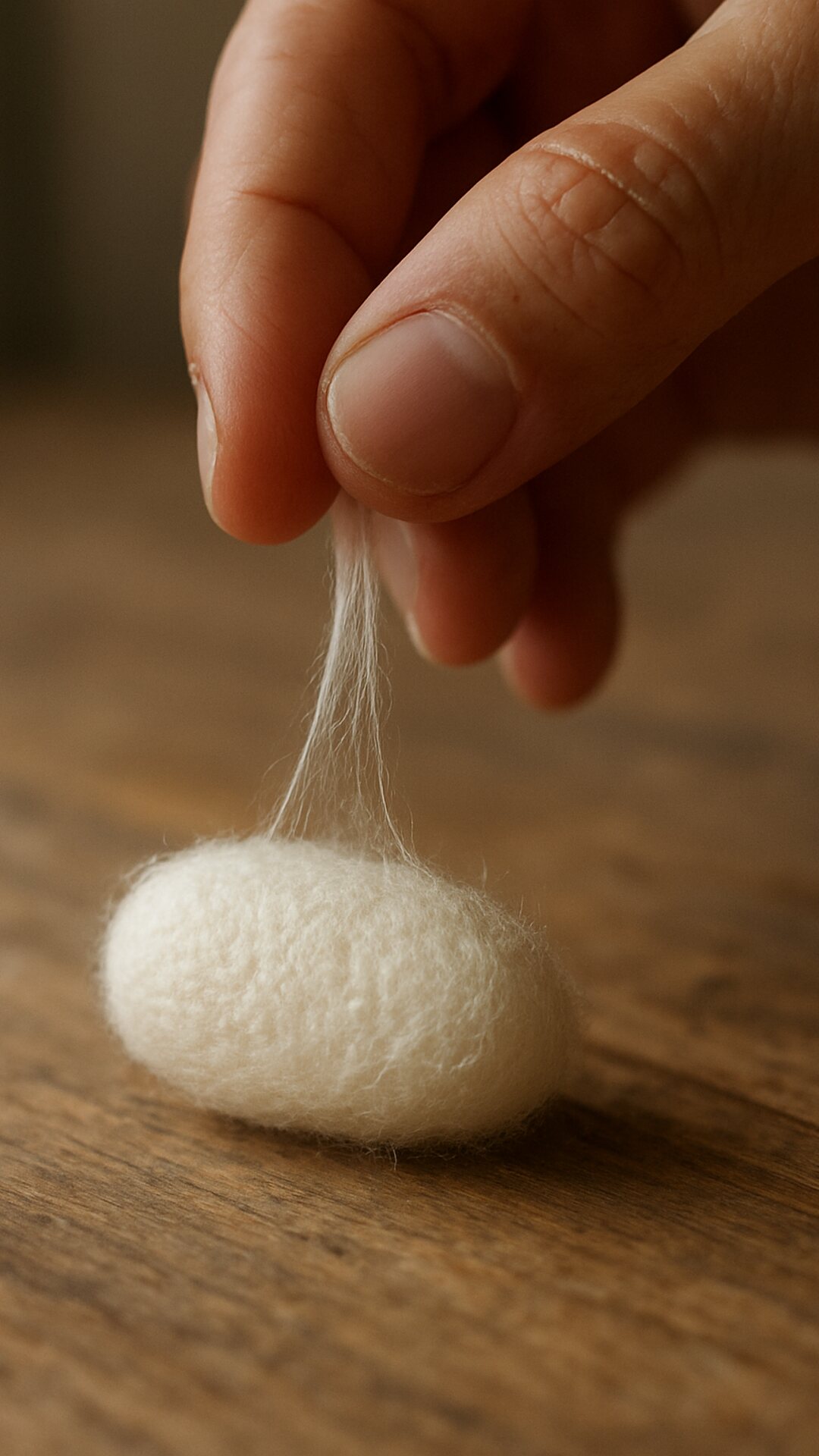 Fingertips pulling fine white silk fibers from a silkworm cocoon