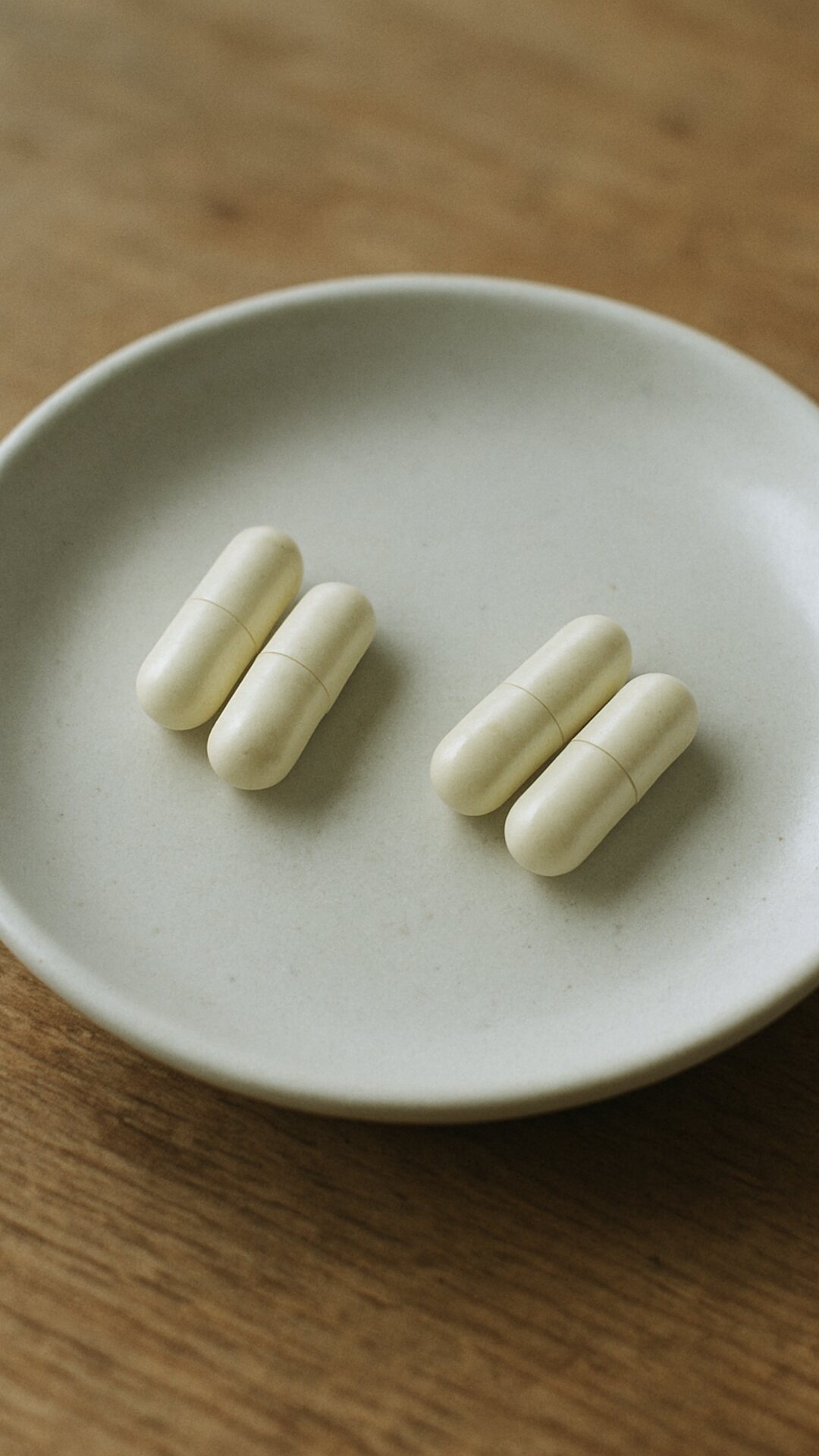 Four pale capsules arranged in two pairs on a white saucer