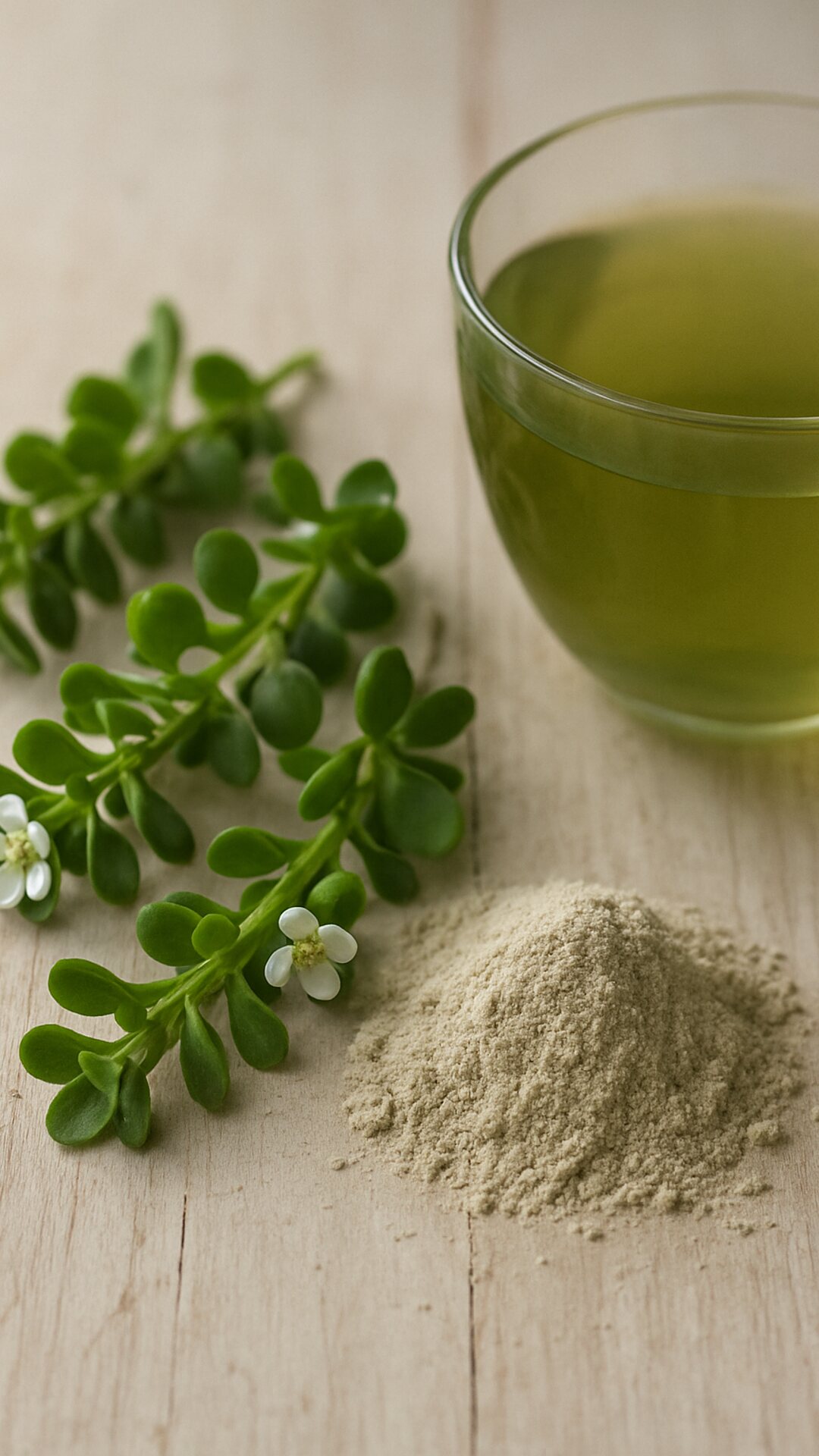 Fresh bacopa monnieri sprigs with small round leaves beside herbal powder and green tea