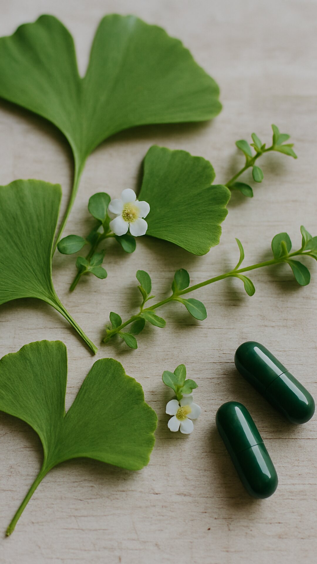 Ginkgo leaves and bacopa sprigs beside two dark green capsules on a wooden board