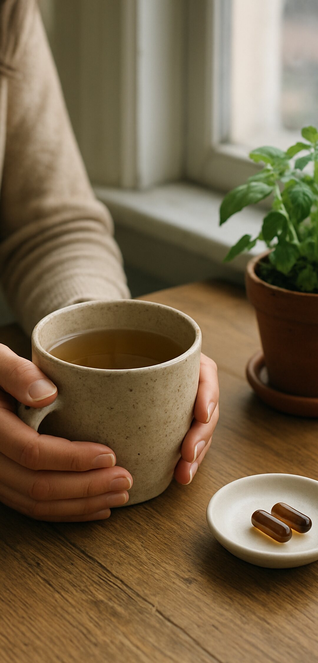 Hands holding a mug of herbal tea beside two liquid herbal capsules and a holy basil plant