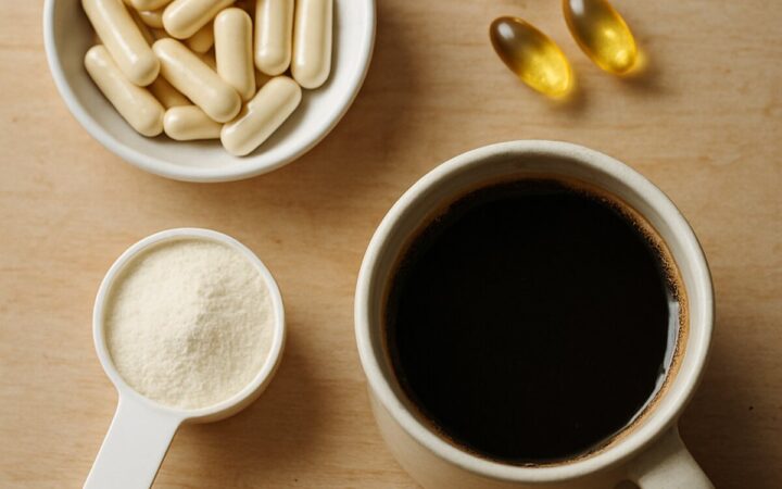Pale capsules, fish oil softgels, a scoop of creatine powder and a mug of black coffee