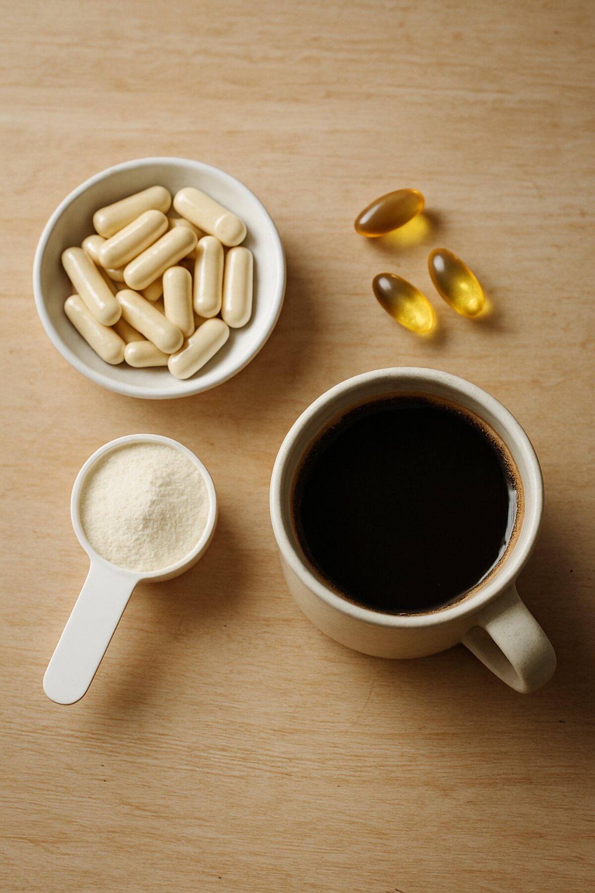 Pale capsules, fish oil softgels, a scoop of creatine powder and a mug of black coffee