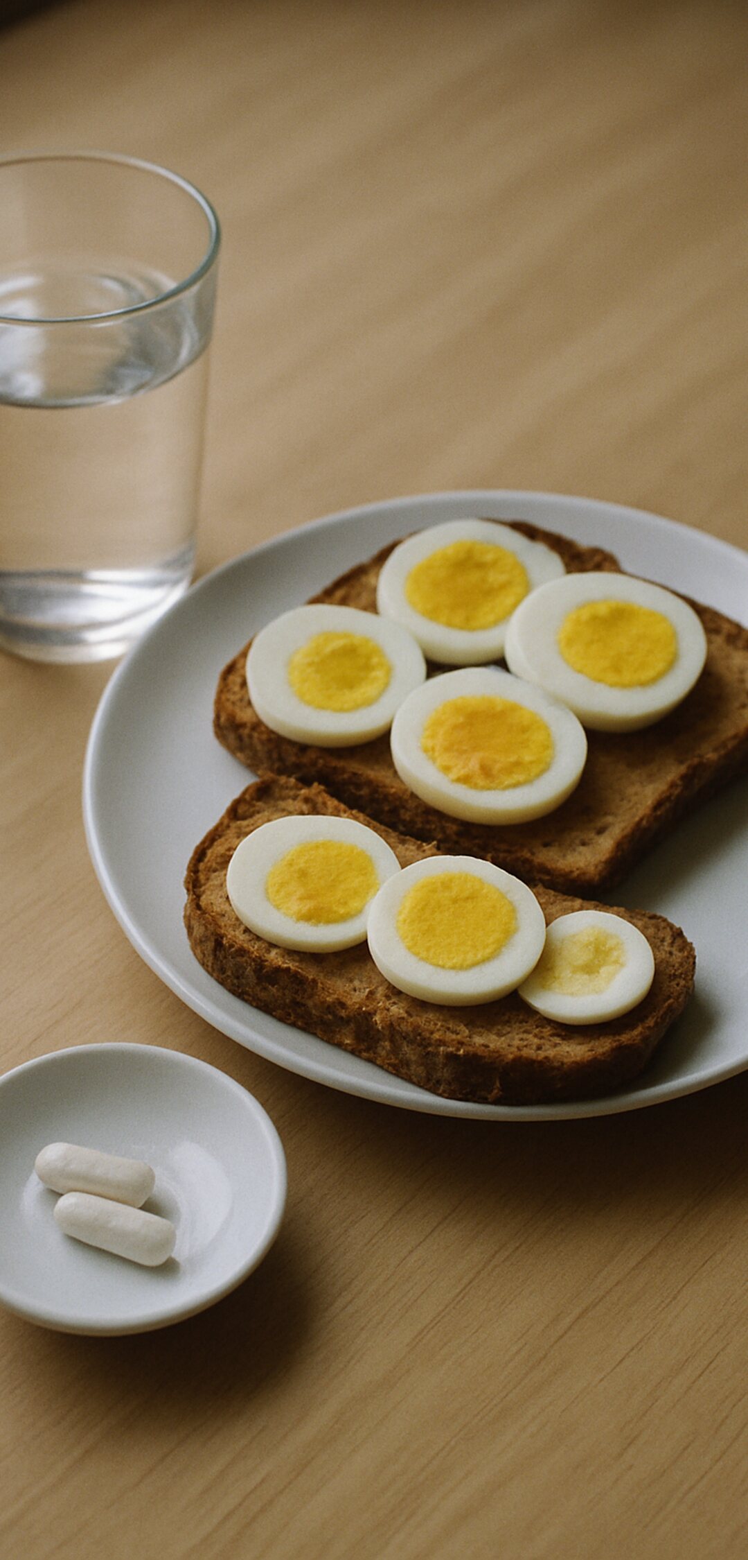 Toast with sliced boiled eggs beside a glass of water and two plain capsules
