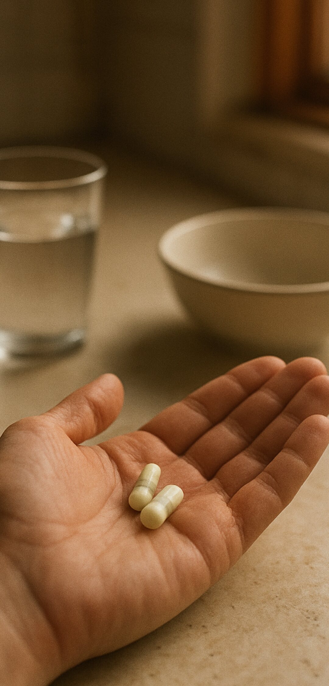 Two pale capsules in an open palm over a kitchen counter with a glass of water