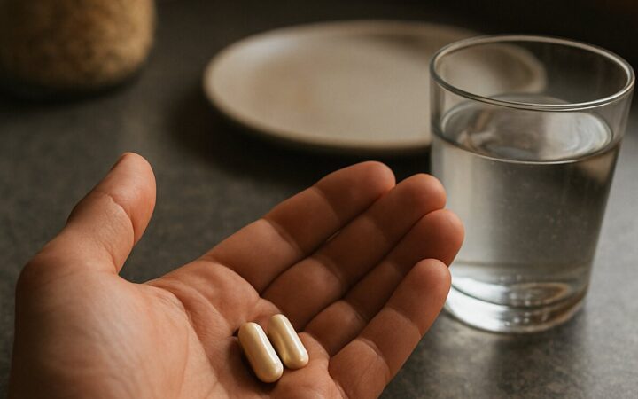 Two pale vegetarian capsules in an open palm beside a glass of water in the morning