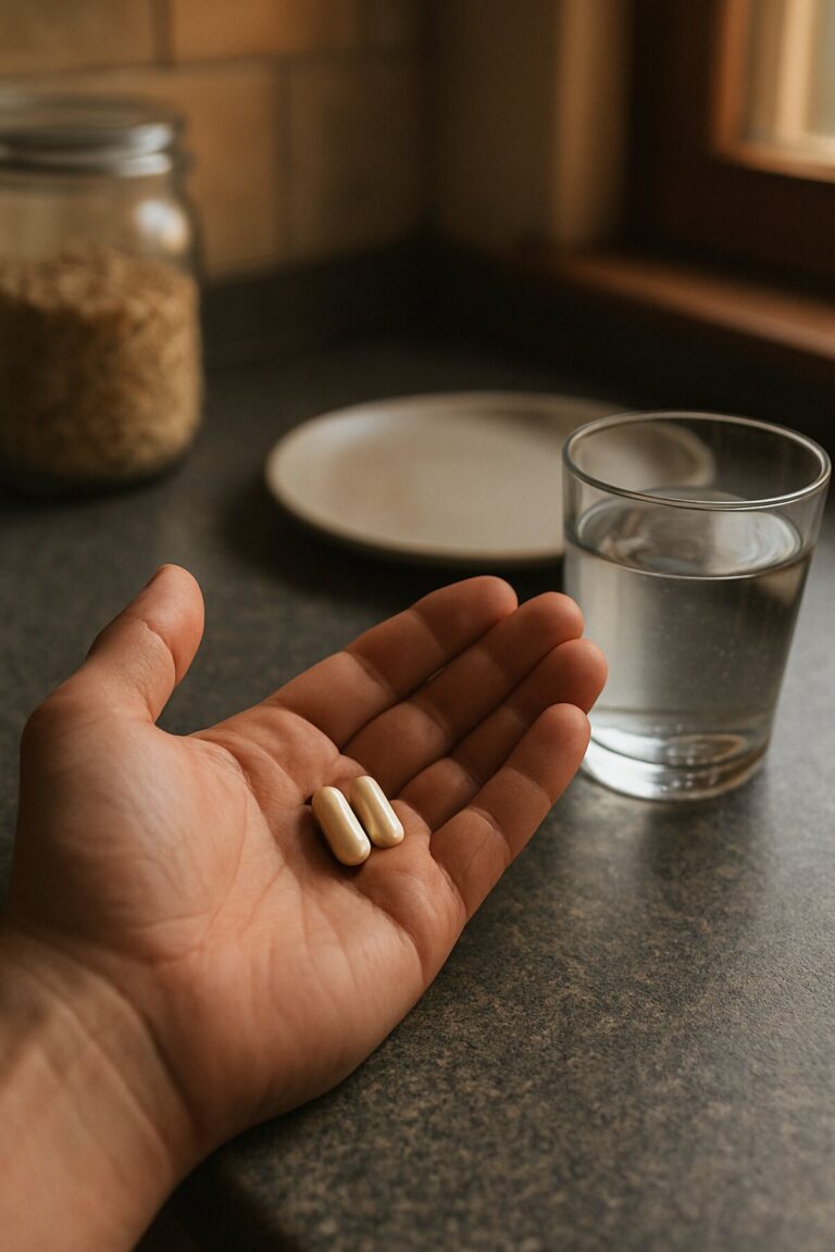 Two pale vegetarian capsules in an open palm beside a glass of water in the morning