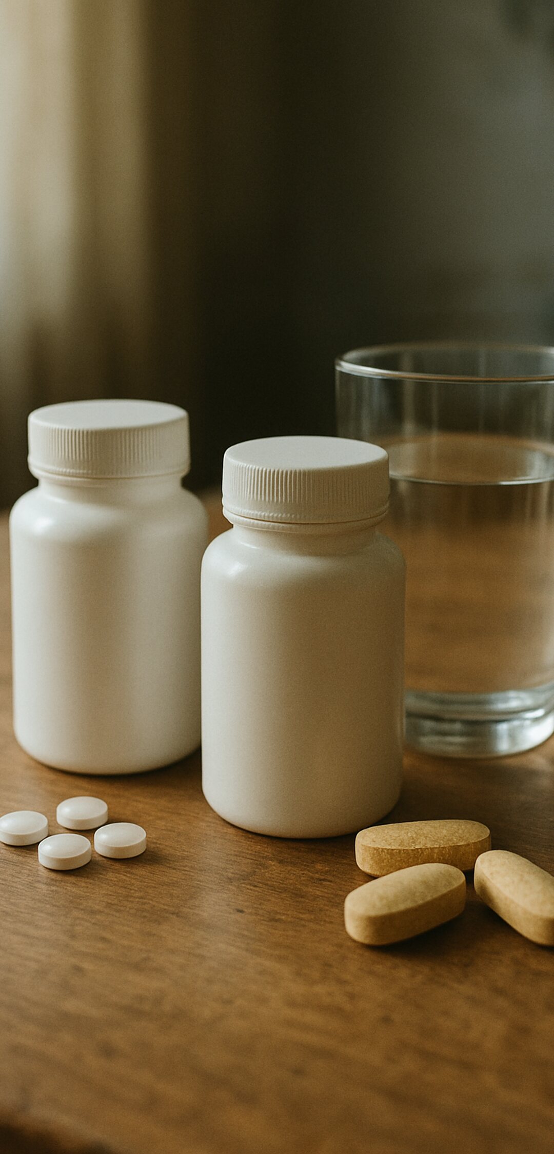 Two plain supplement bottles, one with small round tablets and one with large oval tablets
