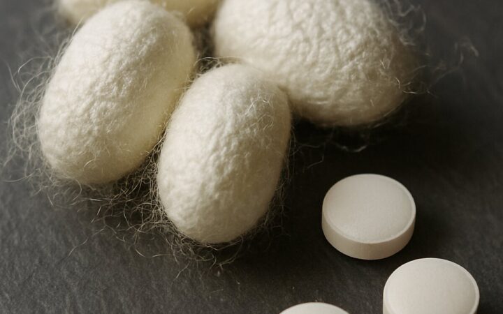White silkworm cocoons with loose silk fibers beside a few plain white tablets on dark slate