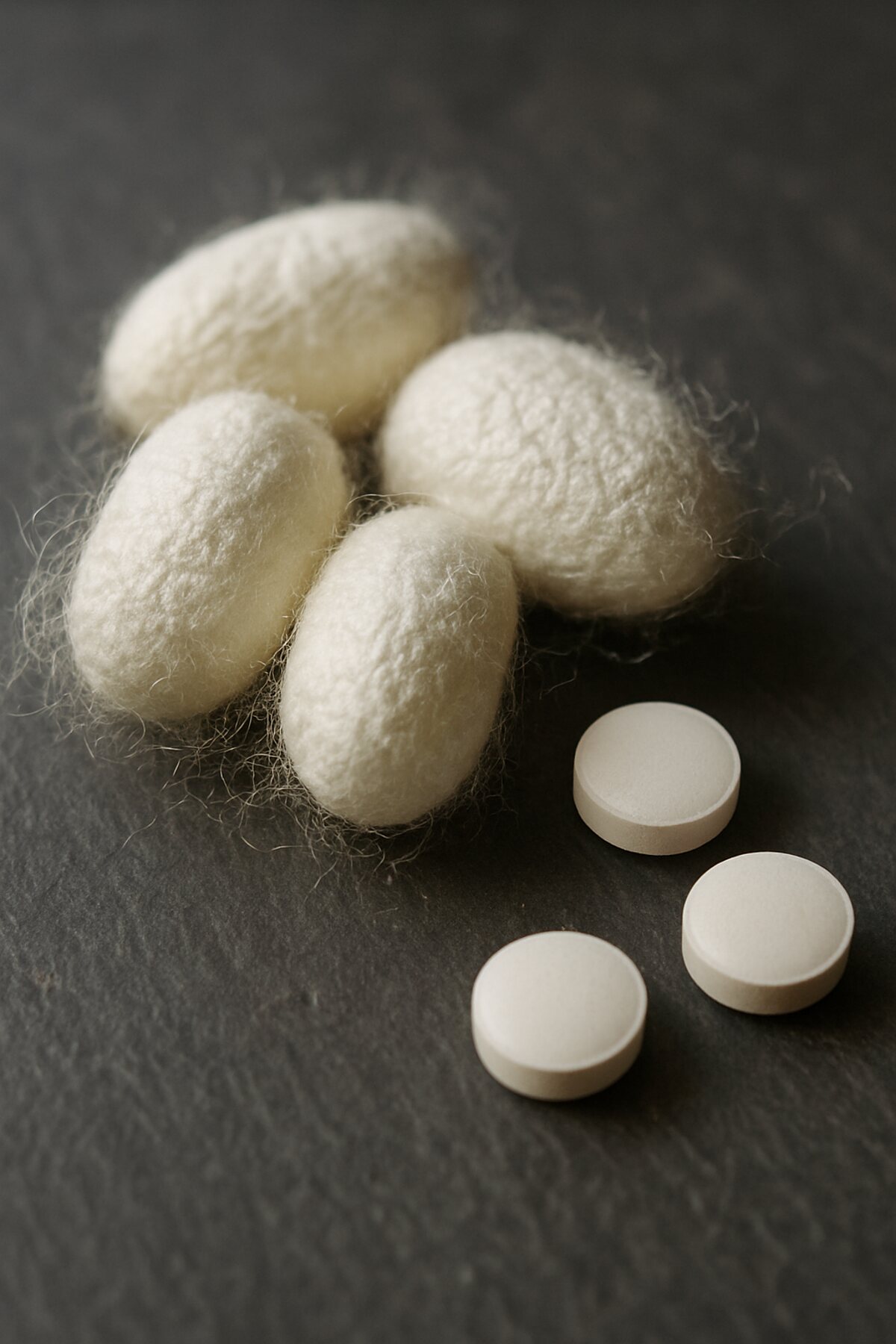 White silkworm cocoons with loose silk fibers beside a few plain white tablets on dark slate